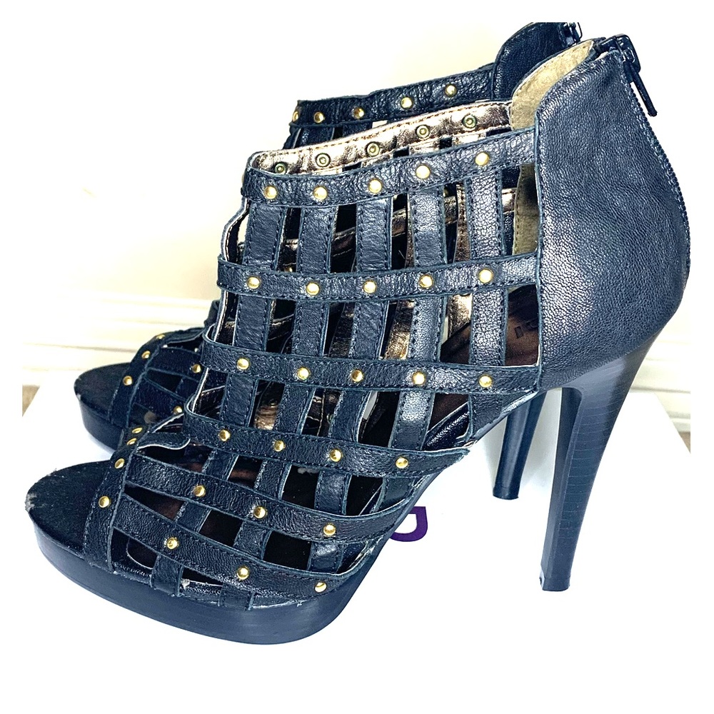 Black Leather Gold Studded Bakers Heels